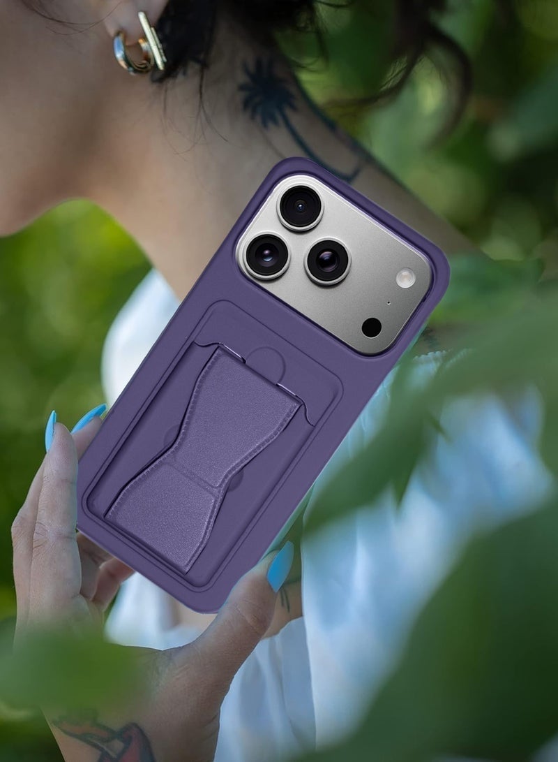ELTRAZONE iPhone 17 Pro Max 5G 2025 Silicone TPU Card Holder with Hand Grip Case | Slim Shockproof Wallet Phone Cover with Kickstand Grip Strap (MCHPSN) – Eggplant Purple - Image 5