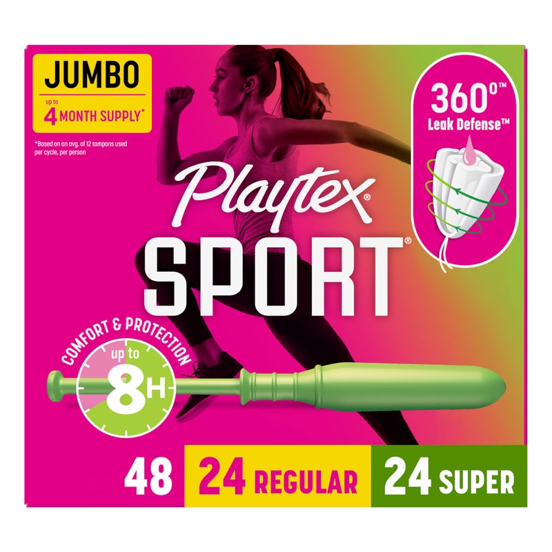 Playtex Sport Tampons Multipack (24ct Regular/24ct Super), Fragrance-Free - 48ct | Tampons Regular and Super, Playtex Tampon Multipack, Feminine Care with 360 Leak Defense - Image 1