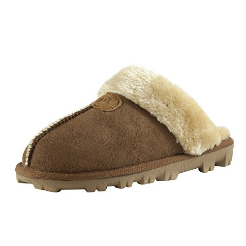 CLPP'LI Womens Slip on Faux Fur Warm Winter Mules Fluffy Suede Comfy Slippers-Tan-8 - Image 1