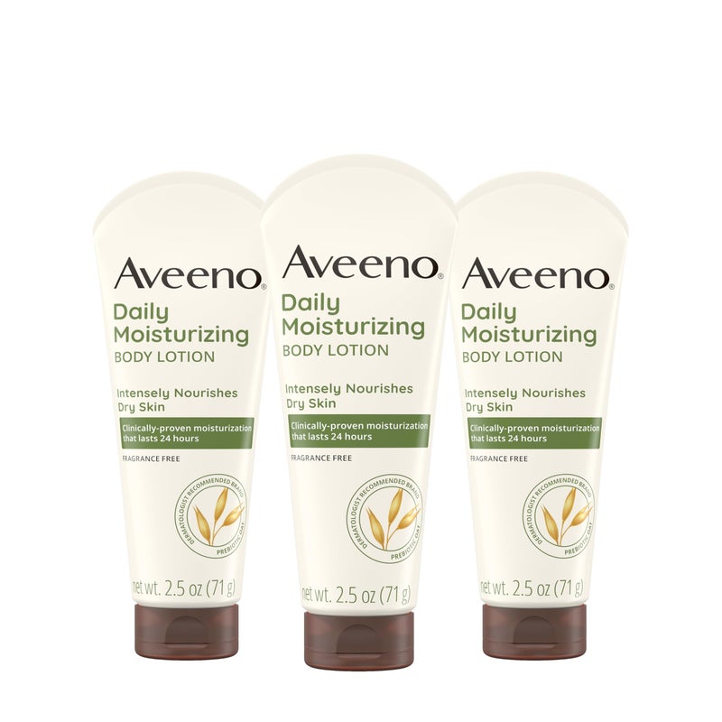 Aveeno Daily Moisturizing Body Lotion, Gentle Lotion Nourishes Dry Skin with Moisture, Sooth-ing Prebiotic Oat, Fragrance-Free, Non-Comedogenic, Travel-Size, 2.5 fl. oz, 3 Pack - Image 1