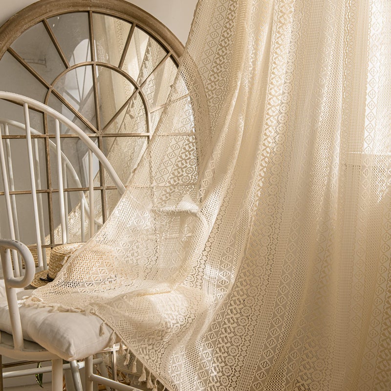 Sutuo Home Boho Curtains 84 Inches Length for Bedroom, Window Treatments Bohemian Sheer Crochet Lace Vintage Drapes Pair, Beige Geometry Knitted with Handmade Tassels Rod Pocket, 52" x 84"ï¼Œ2 Panels - Image 1