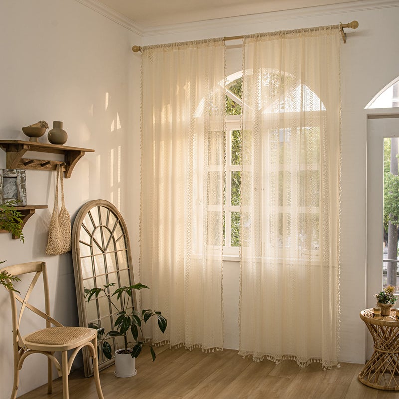 Sutuo Home Boho Curtains 84 Inches Length for Bedroom, Window Treatments Bohemian Sheer Crochet Lace Vintage Drapes Pair, Beige Geometry Knitted with Handmade Tassels Rod Pocket, 52" x 84"ï¼Œ2 Panels - Image 2