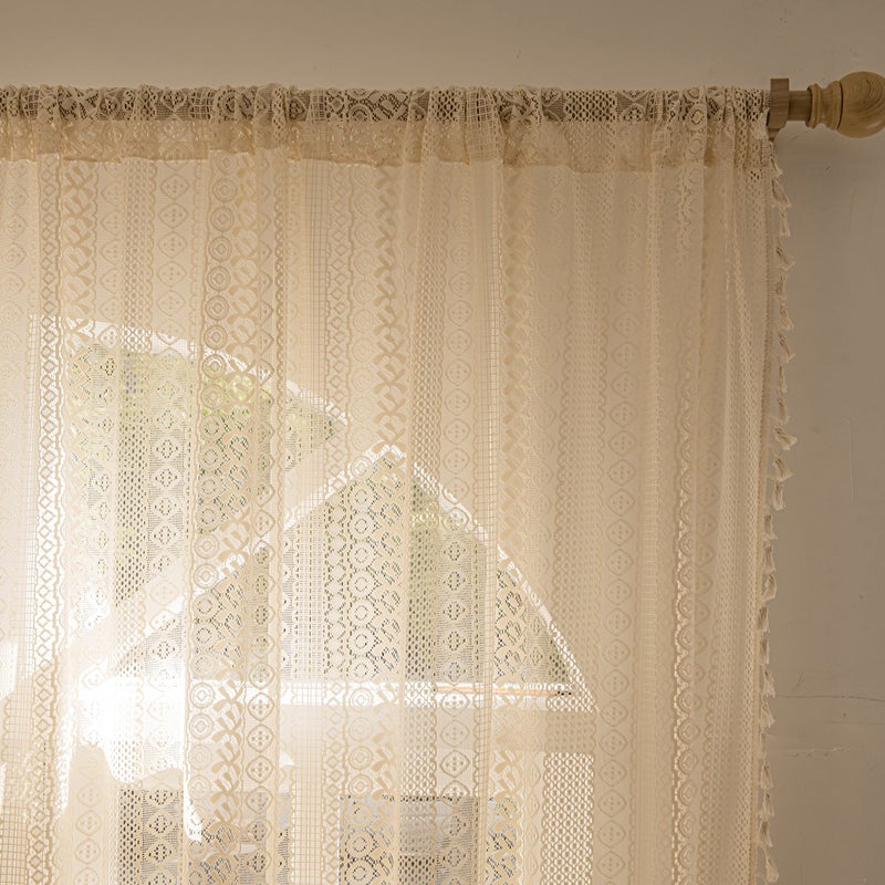 Sutuo Home Boho Curtains 84 Inches Length for Bedroom, Window Treatments Bohemian Sheer Crochet Lace Vintage Drapes Pair, Beige Geometry Knitted with Handmade Tassels Rod Pocket, 52" x 84"ï¼Œ2 Panels - Image 3