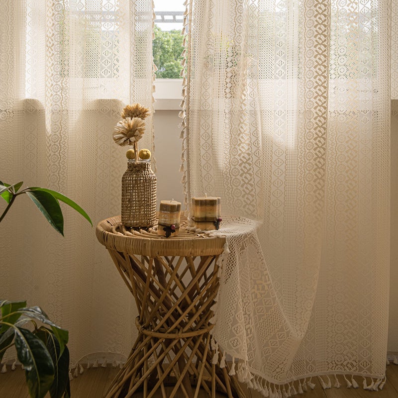 Sutuo Home Boho Curtains 84 Inches Length for Bedroom, Window Treatments Bohemian Sheer Crochet Lace Vintage Drapes Pair, Beige Geometry Knitted with Handmade Tassels Rod Pocket, 52" x 84"ï¼Œ2 Panels - Image 5