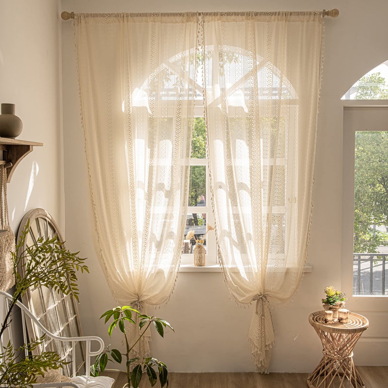 Sutuo Home Boho Curtains 84 Inches Length for Bedroom, Window Treatments Bohemian Sheer Crochet Lace Vintage Drapes Pair, Beige Geometry Knitted with Handmade Tassels Rod Pocket, 52" x 84"ï¼Œ2 Panels - Image 4