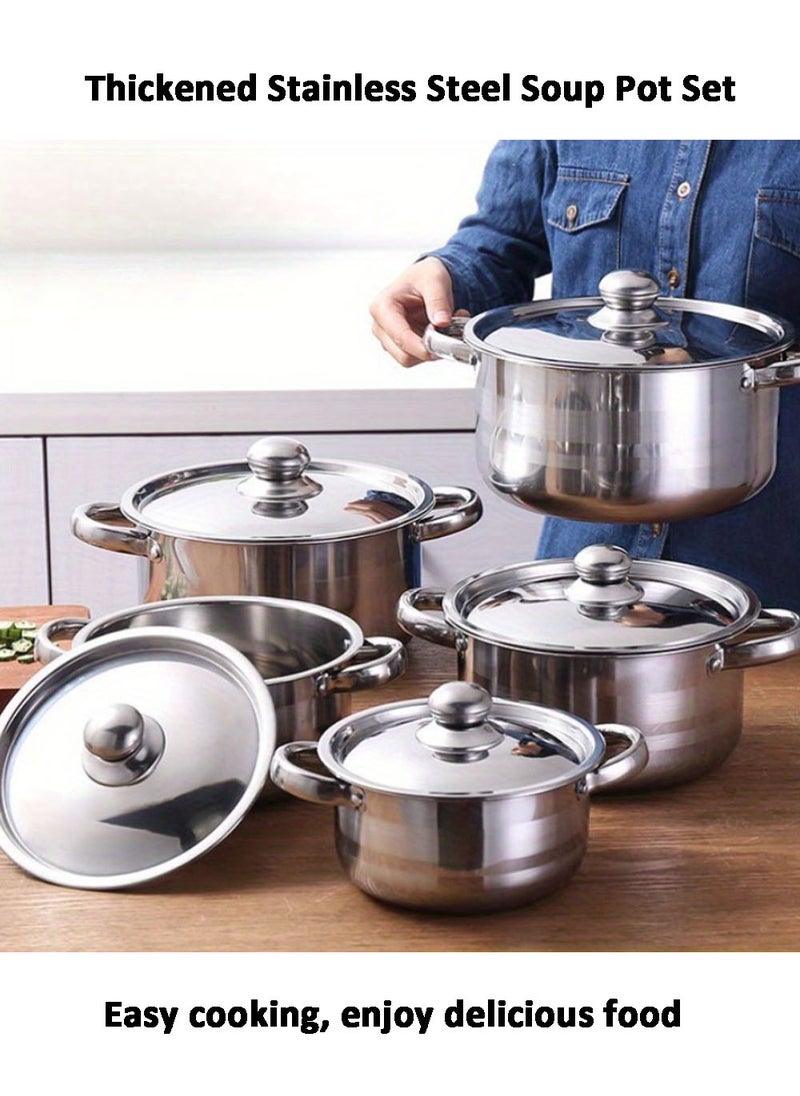 10 Pieces Cookware Set Stainless Steel Dinnerware Sets Silver Double Ear Thickened Soup Pot Set With Steel Lid Cover Ideal for Home Kitchen Camp 18/20/22/24/26cm