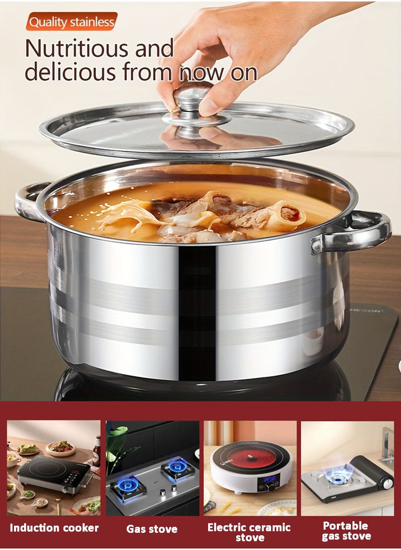 10 Pieces Cookware Set Stainless Steel Dinnerware Sets Silver Double Ear Thickened Soup Pot Set With Steel Lid Cover Ideal for Home Kitchen Camp 18/20/22/24/26cm