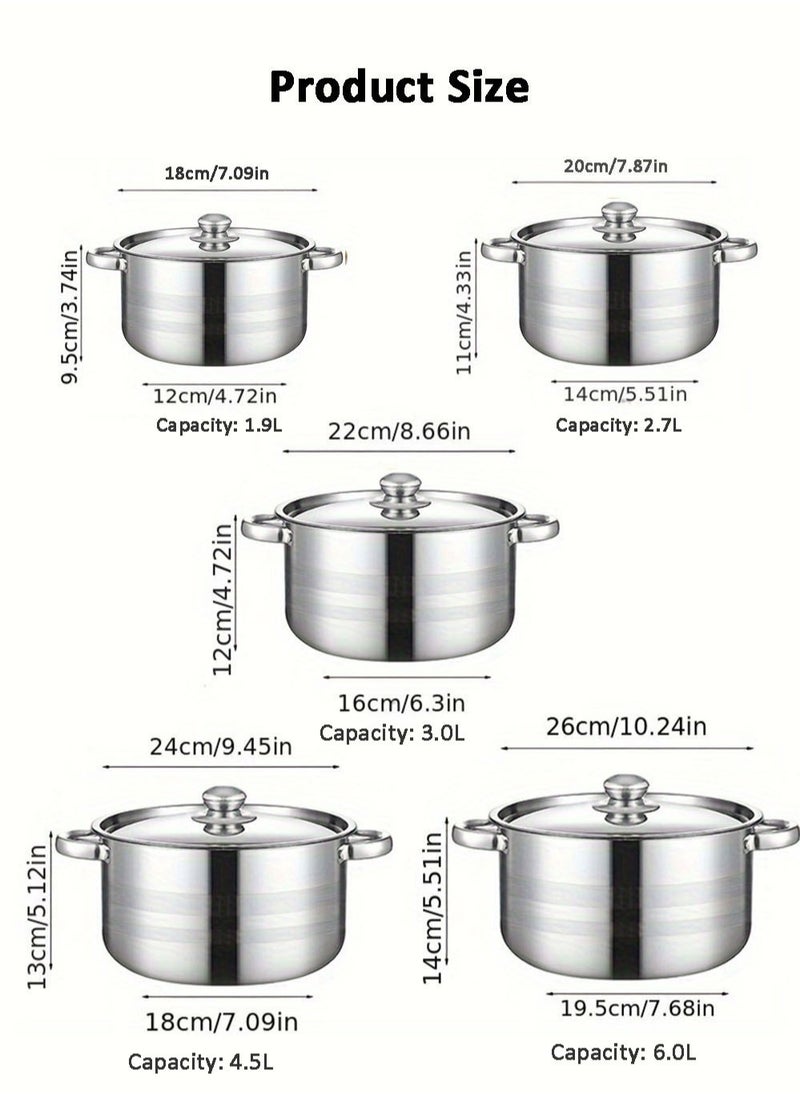 10 Pieces Cookware Set Stainless Steel Dinnerware Sets Silver Double Ear Thickened Soup Pot Set With Steel Lid Cover Ideal for Home Kitchen Camp 18/20/22/24/26cm