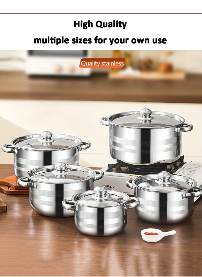 10 Pieces Cookware Set Stainless Steel Dinnerware Sets Silver Double Ear Thickened Soup Pot Set With Steel Lid Cover Ideal for Home Kitchen Camp 18/20/22/24/26cm