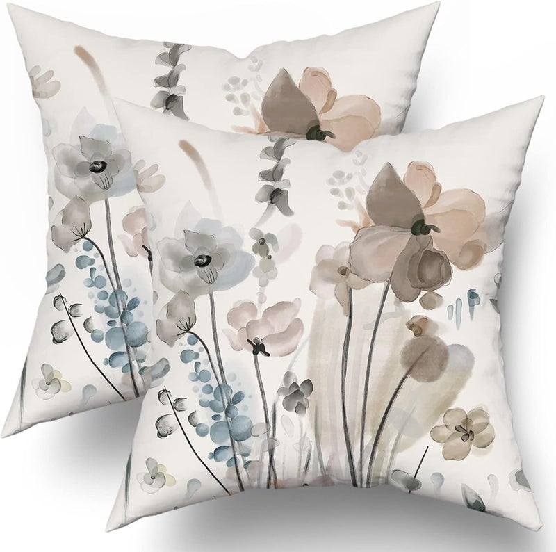 aportt Watercolor Floral Pillow Covers 18X18 in Brown Cream Grey Teal Flower Couch Pillow Cases Rustic Abstract Modern Throw Pillows Set of 2 Home Decor for Living Room Bedroom Bed Cushion Outdoor - Image 1