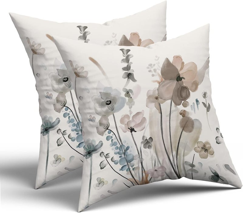 aportt Watercolor Floral Pillow Covers 18X18 in Brown Cream Grey Teal Flower Couch Pillow Cases Rustic Abstract Modern Throw Pillows Set of 2 Home Decor for Living Room Bedroom Bed Cushion Outdoor - Image 2