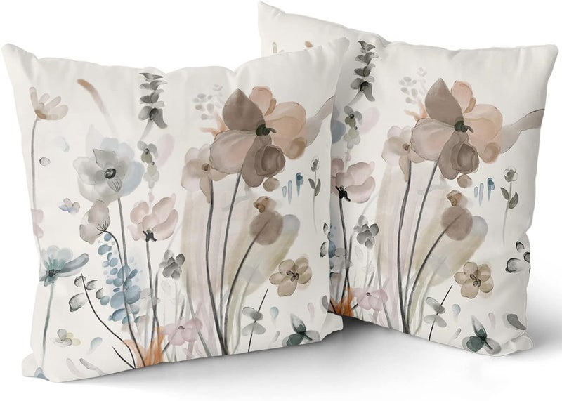 aportt Watercolor Floral Pillow Covers 18X18 in Brown Cream Grey Teal Flower Couch Pillow Cases Rustic Abstract Modern Throw Pillows Set of 2 Home Decor for Living Room Bedroom Bed Cushion Outdoor - Image 3