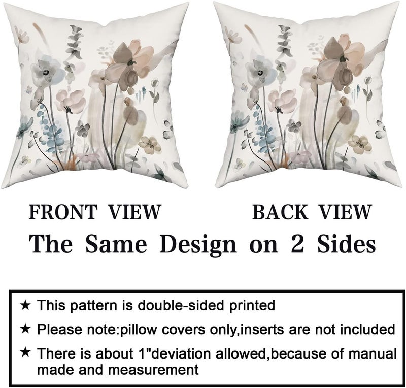 aportt Watercolor Floral Pillow Covers 18X18 in Brown Cream Grey Teal Flower Couch Pillow Cases Rustic Abstract Modern Throw Pillows Set of 2 Home Decor for Living Room Bedroom Bed Cushion Outdoor - Image 4