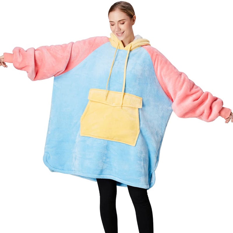 Qeils Qeils Oversized Wearable Blanket Hoodie  Comfy Sherpa Sweatshirt Pullover Jacket(Pink-Blue Adult) 