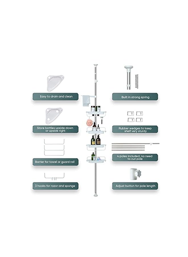 راكسوم 4 طبقات دش العلبة التوتر القطب الحمام زاوية الجرف قابل للتعديل تخزين الرف حوض الاستحمام تلسكوبي شامبو الصابون المنظم مع شريط منشفة، العاج - Image 3
