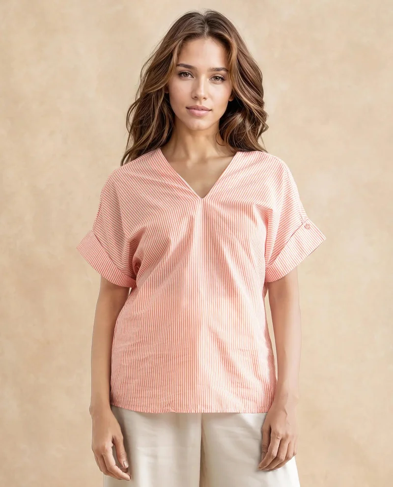 Rareism Women's Cotton Short Sleeve V-Neck Top