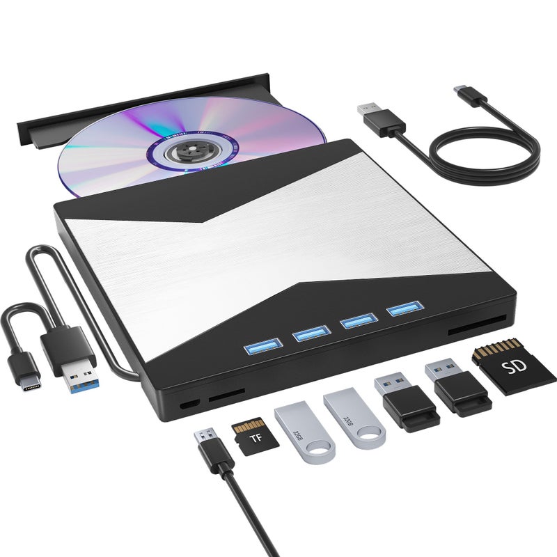Wbacon External CD/DVD Drive for Laptop, DVD Player for Laptop, 8 in 1 Ultra-Slim CD Burner with 4 USB Ports and 2 TF/SD Card Slots, External Disk Drive Optical Compatible with Desktop Mac Windows - Image 1