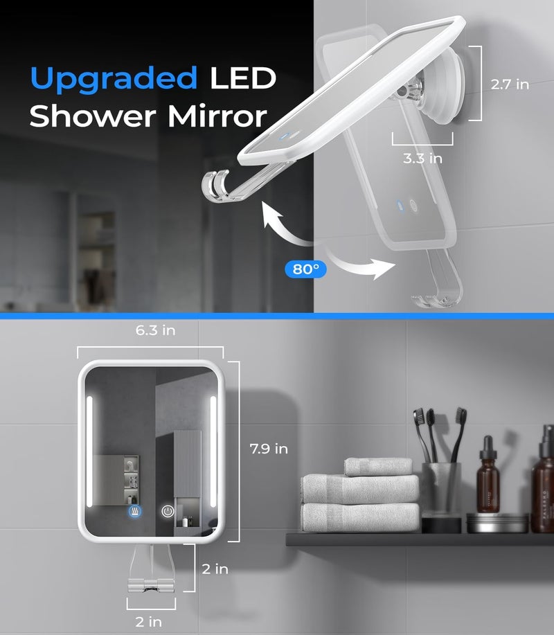 Gospire Heated Shower Mirror Fogless for Shaving with Light, 5000mAh Rechargeable Battery, Detachable Suction Cup and Razor Holder for Wall, NO-Drilling, Removable, Waterproof for Bathroom - White - Image 3