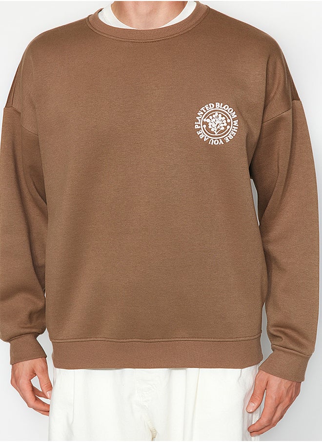 trendyol - Dark Brown Oversize/Wide Cut Floral Embroidered Cotton Sweatshirt with Fleece Inside TMNAW24SW00012 - Image 1