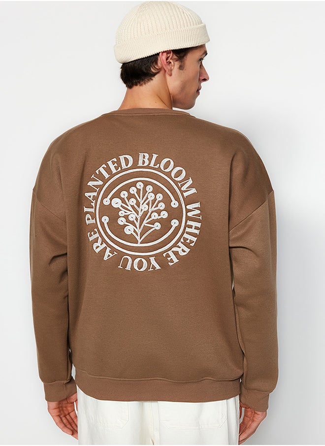 trendyol - Dark Brown Oversize/Wide Cut Floral Embroidered Cotton Sweatshirt with Fleece Inside TMNAW24SW00012 - Image 1