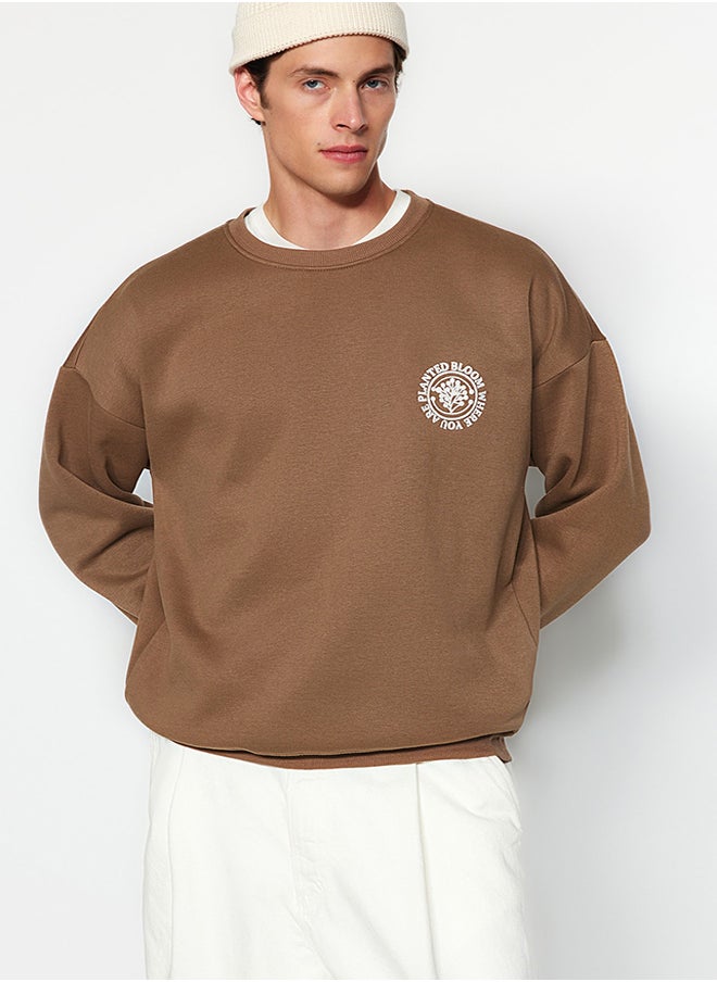 trendyol - Dark Brown Oversize/Wide Cut Floral Embroidered Cotton Sweatshirt with Fleece Inside TMNAW24SW00012 - Image 1