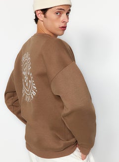 trendyol Dark Brown Oversize/Wide Cut Floral Embroidered Cotton Sweatshirt with Fleece Inside TMNAW24SW00012  - Image 5
