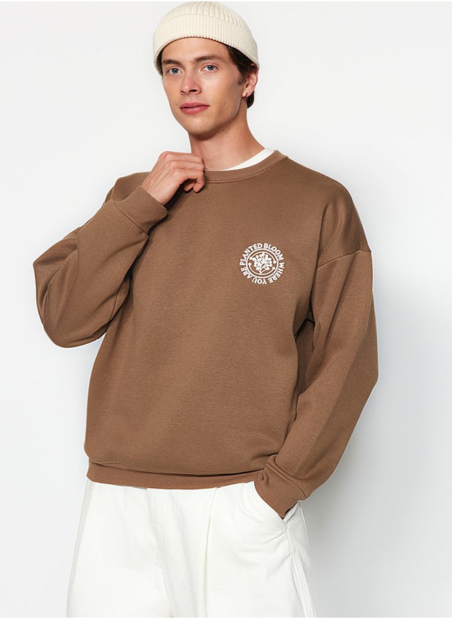trendyol - Dark Brown Oversize/Wide Cut Floral Embroidered Cotton Sweatshirt with Fleece Inside TMNAW24SW00012 - Image 1