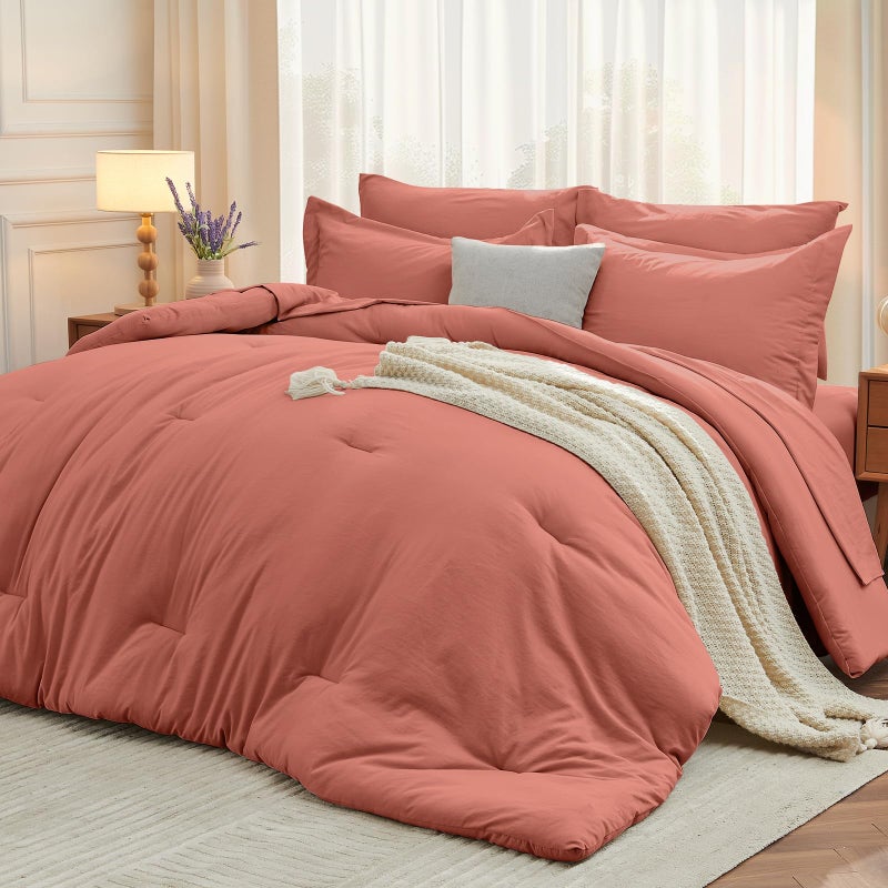 MUXHOMO 7 Pieces Queen Comforter Set, Soft Bed in a Bag Queen Size, All Season Bedding Set with Comforter, Flat Sheet, Fitted Sheet, Pillowcases & Shams, Coral Red - Image 1