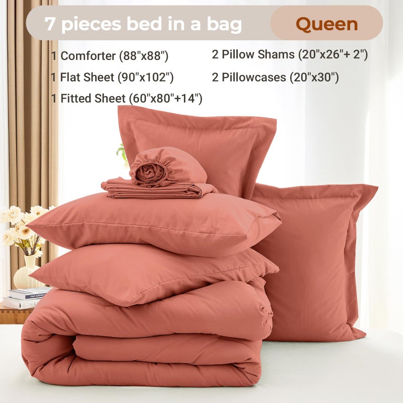 MUXHOMO 7 Pieces Queen Comforter Set, Soft Bed in a Bag Queen Size, All Season Bedding Set with Comforter, Flat Sheet, Fitted Sheet, Pillowcases & Shams, Coral Red - Image 4