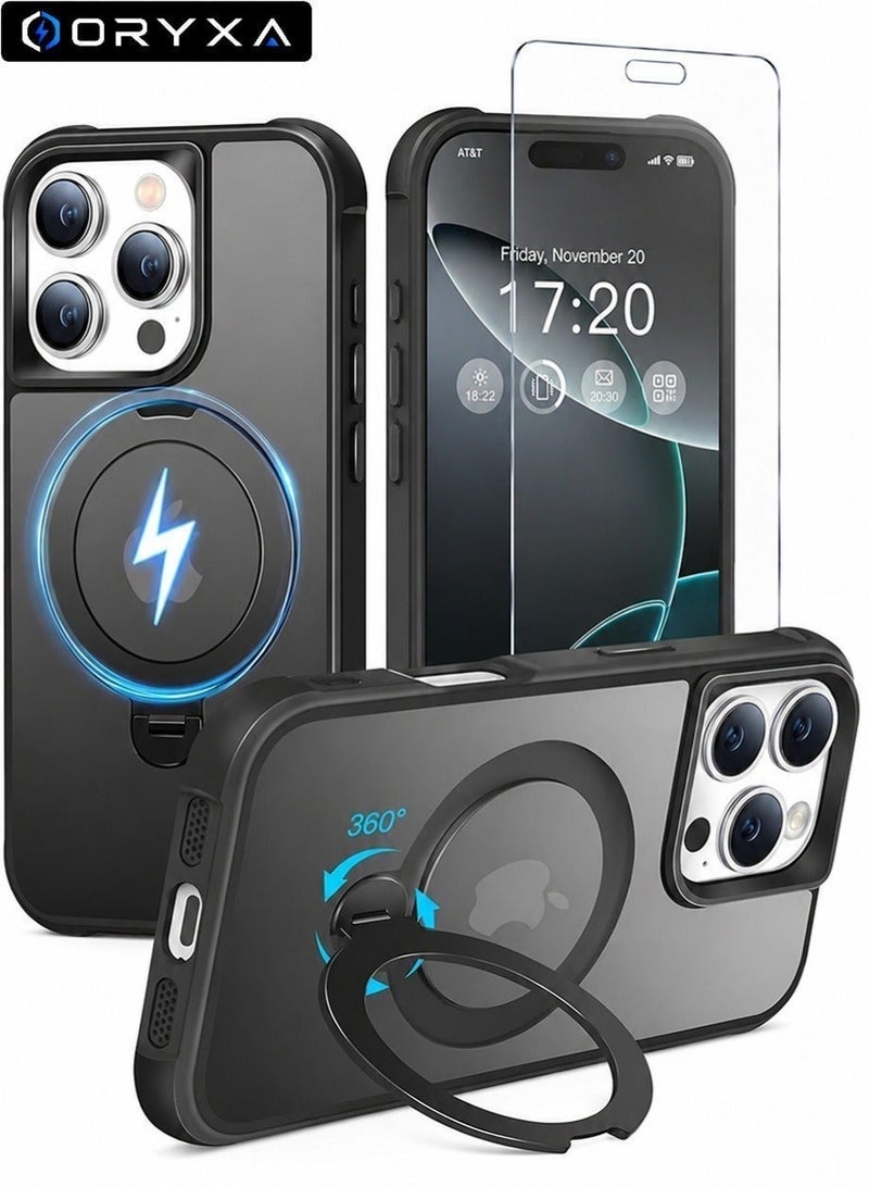 ORYXA iPhone 16 Pro Max Case Cover, 2 in 1 Magnetic Phone Case with Screen Protector, Compatible with MagSafe, 360° Magnetic Stand, Military-Grade Shockproof Heavy Duty Protective Cover, Black - Image 1