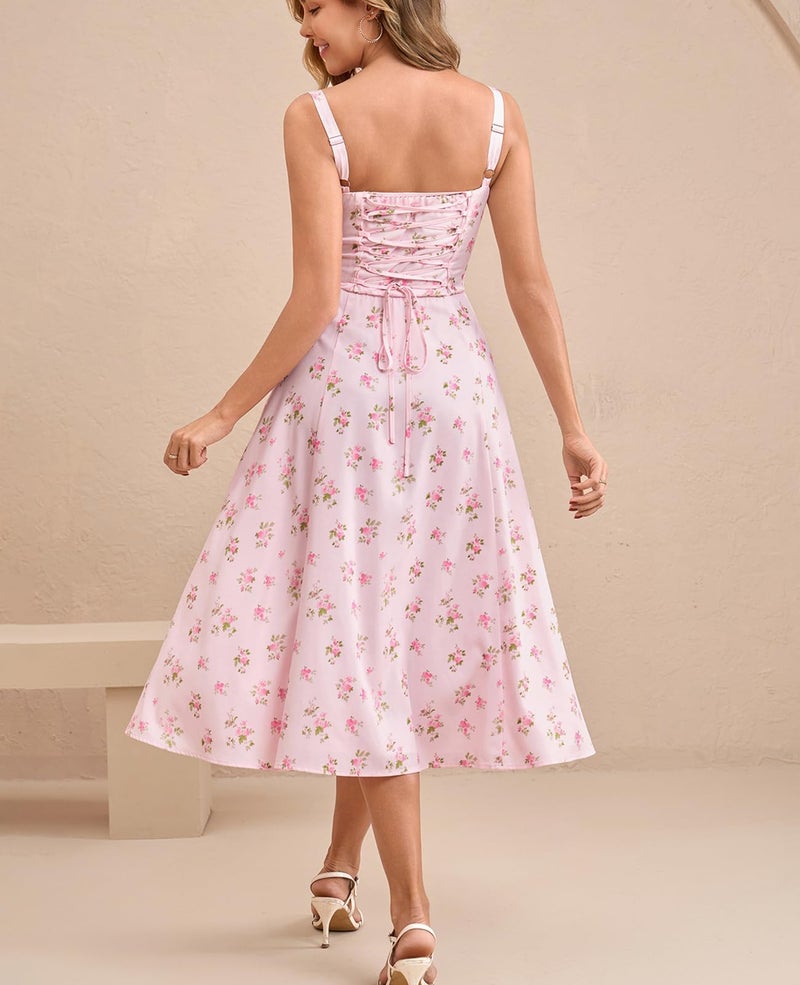 GLNEGE Women Summer Corset Midi Dress 2026 Floral Wedding Guest Flowy Slit Lace Up Dresses Tea Party A Line Casual Milkmaid Sundress - Image 3