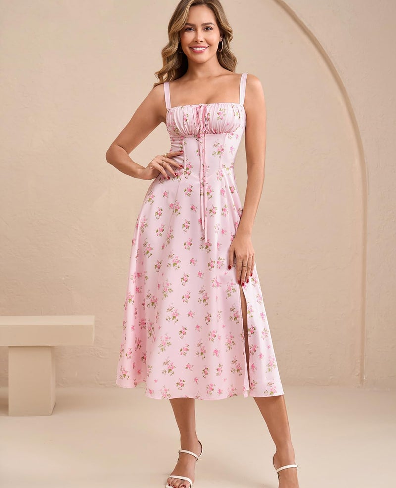 GLNEGE Women Summer Corset Midi Dress 2026 Floral Wedding Guest Flowy Slit Lace Up Dresses Tea Party A Line Casual Milkmaid Sundress - Image 2