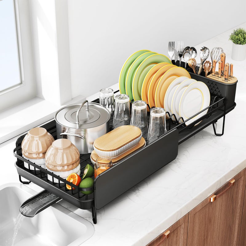 SNTD Dish Drying Rack - Large Dish Racks for Kitchen Counter, Expandable Dish Drainers with Cutlery Holder Stainless Steel Rustproof, Black - Image 1