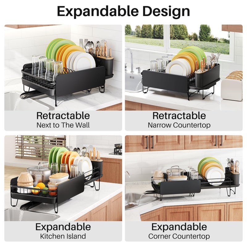 SNTD Dish Drying Rack - Large Dish Racks for Kitchen Counter, Expandable Dish Drainers with Cutlery Holder Stainless Steel Rustproof, Black - Image 3