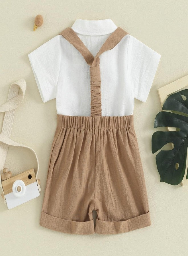 KMBANGI Toddler Newborn Baby Boys Gentleman Outfits Short Sleeve Turn-down Collar Romper Bib Pants Bow Tie 3Pcs Short Set (Khaki, 0-3 Months) - Image 3
