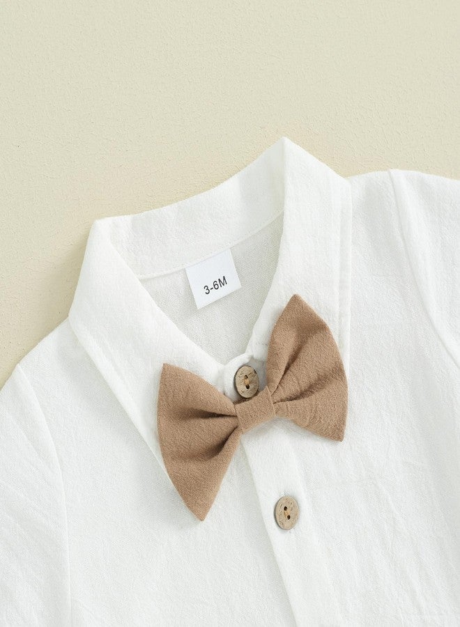 KMBANGI Toddler Newborn Baby Boys Gentleman Outfits Short Sleeve Turn-down Collar Romper Bib Pants Bow Tie 3Pcs Short Set (Khaki, 0-3 Months) - Image 4