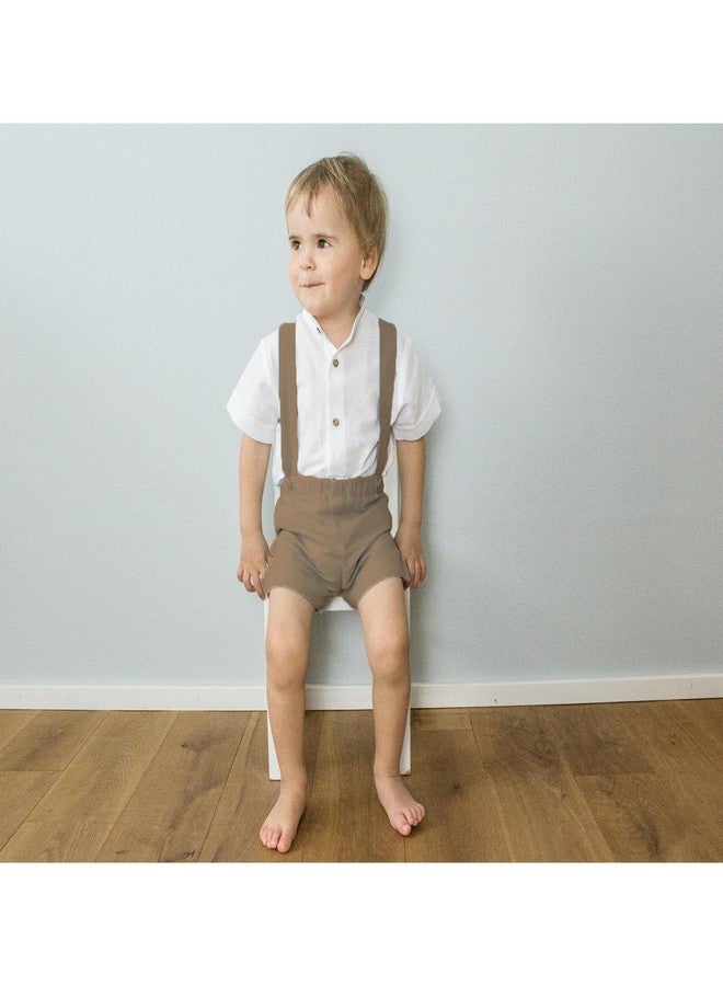 KMBANGI Toddler Newborn Baby Boys Gentleman Outfits Short Sleeve Turn-down Collar Romper Bib Pants Bow Tie 3Pcs Short Set (Khaki, 0-3 Months) - Image 2