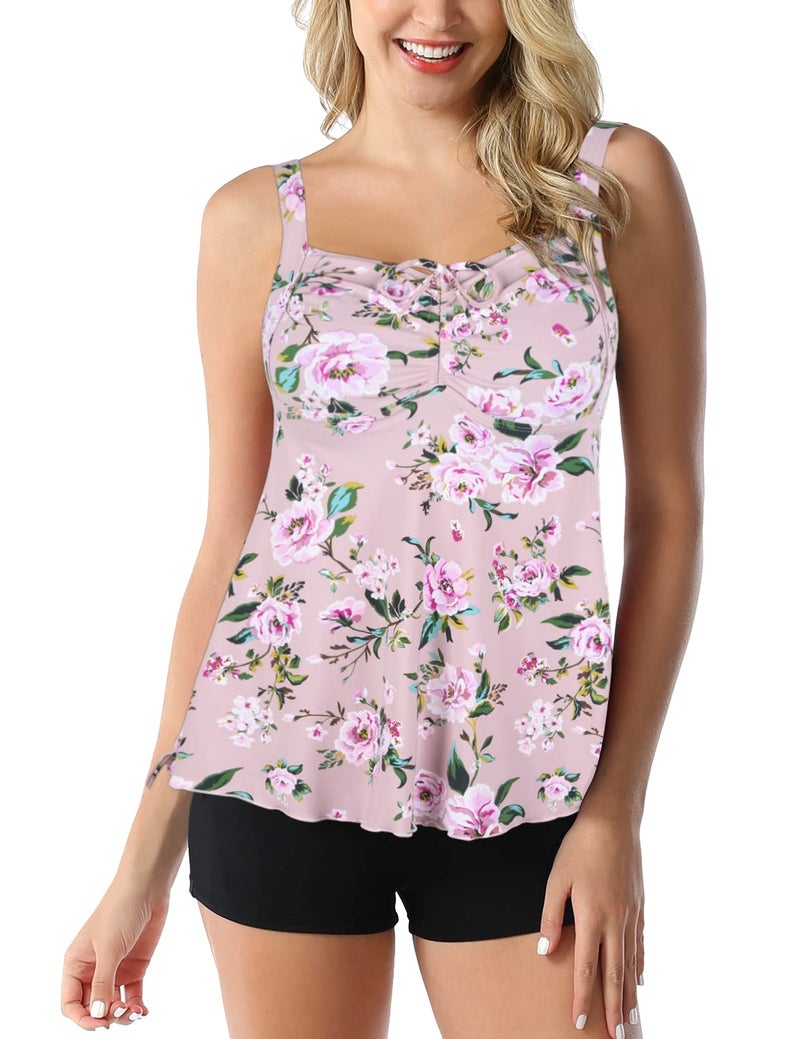 Septangle Women's Plus Size Tankini Swimsuits Tankini Top with Shorts Tanking Bathing Suit Two Piece Tummy Control Swimsuit, Pink & Flower, US 16 - Image 4