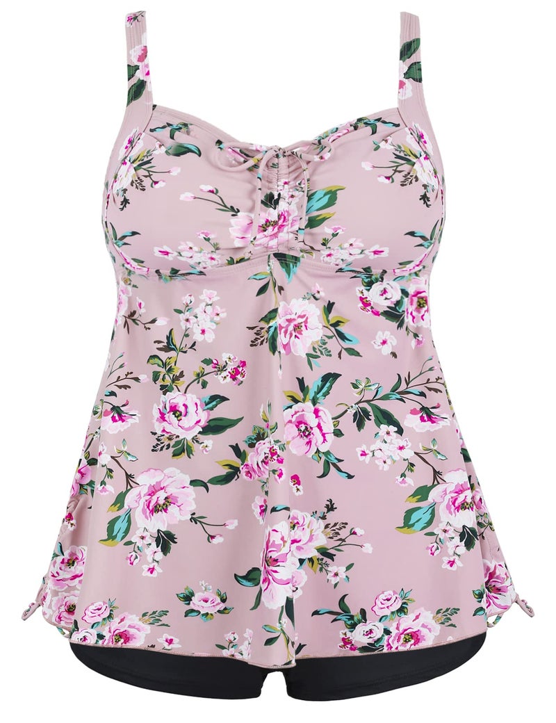 Septangle Women's Plus Size Tankini Swimsuits Tankini Top with Shorts Tanking Bathing Suit Two Piece Tummy Control Swimsuit, Pink & Flower, US 16 - Image 1