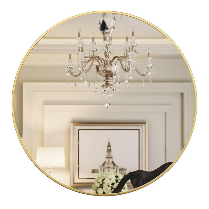 GOLD 24 INCH ROUND MIRROR BATHROOM WALL DECOR FOR LIVING ROOM ENTRY WAY BEDROOM METAL FRAMED