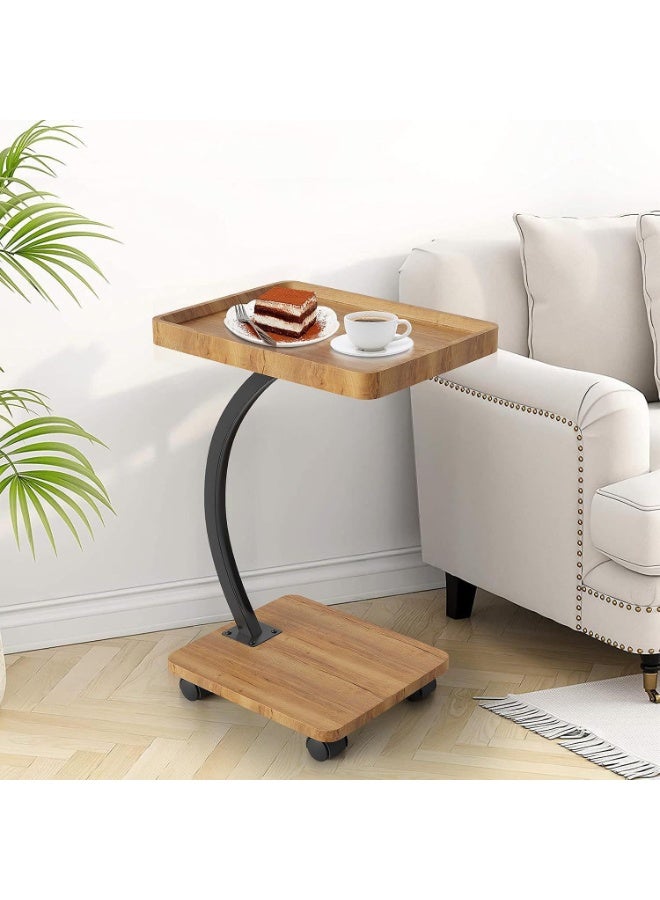DubaiGallery Modern rolling side table with Wooden look shelves, curved metal frame, smooth caster wheels, perfect for laptop, sofa, bedside, office, space saving, sturdy, elegant home furniture, design, style, comfort, convenience. - Image 1