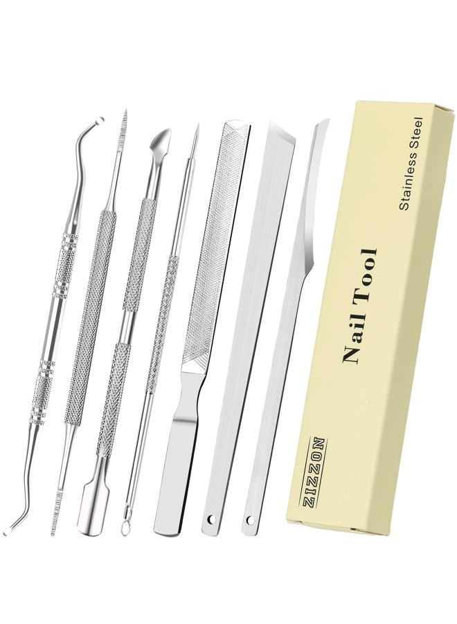 ZIZZON 7 Pcs Ingrown Toenail File and Lifters Set, Stainless Steel Ingrown Toenail Removal Kit, Manicure Treatment Under Nail Cleaner Pedicure Tools, Silvery - Image 1
