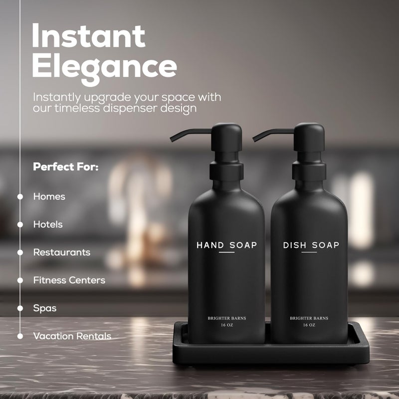 Brighter Barns Black Glass Hand and Dish Soap Dispenser Set by Brighter Barns - Kitchen Soap Dispenser Set with Tray for Home, Airbnb, Vacation Rental, Gift - Minimalist Home Decor, Modern Kitchen Decor (Black) - Image 2
