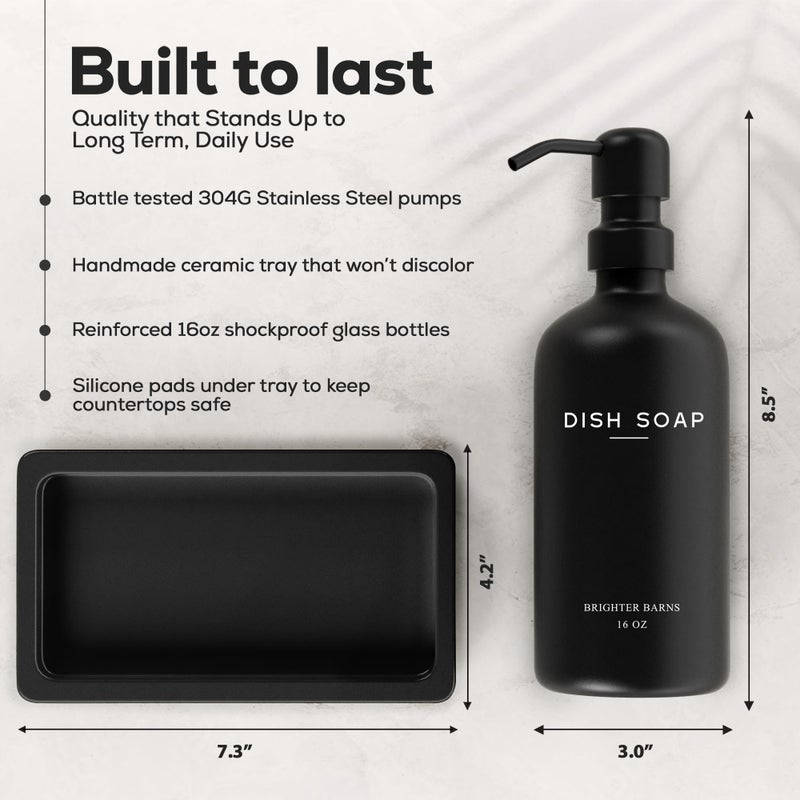 Brighter Barns Black Glass Hand and Dish Soap Dispenser Set by Brighter Barns - Kitchen Soap Dispenser Set with Tray for Home, Airbnb, Vacation Rental, Gift - Minimalist Home Decor, Modern Kitchen Decor (Black) - Image 3