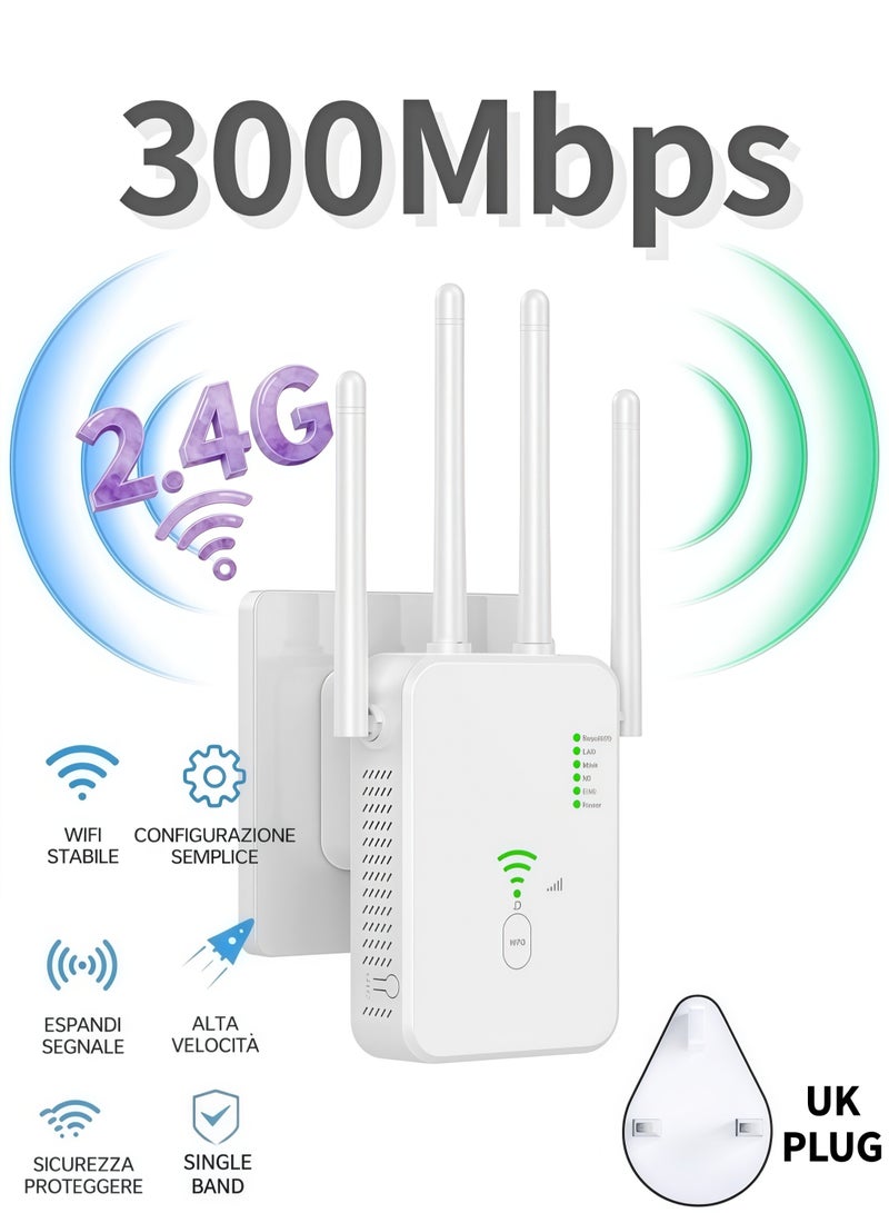 300Mbps Wireless WiFi Repeater, 2.4G Single Band Wireless WiFi Range Extender, 4 Antenna Wireless Signal Booster, Internet Router Extender, 360° Full Coverage - White - Image 1