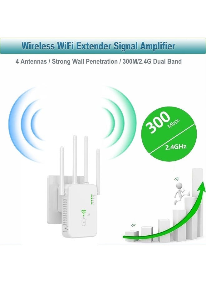 300Mbps Wireless WiFi Repeater, 2.4G Single Band Wireless WiFi Range Extender, 4 Antenna Wireless Signal Booster, Internet Router Extender, 360° Full Coverage - White - Image 2