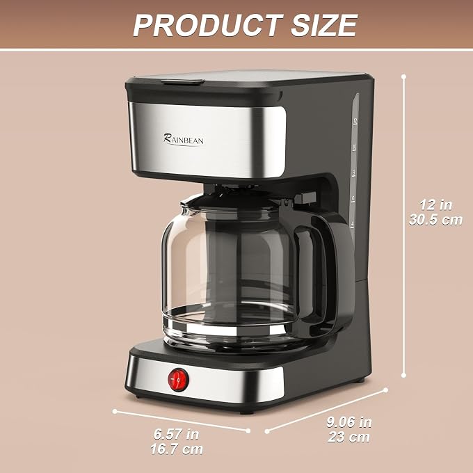 RAINBEAN 12-Cup Drip Coffee Maker,Home/Office Coffee Brewing Machine with Removable Filter,Glass Carafe and Heated Base,Black & Stainless Steel - Image 3