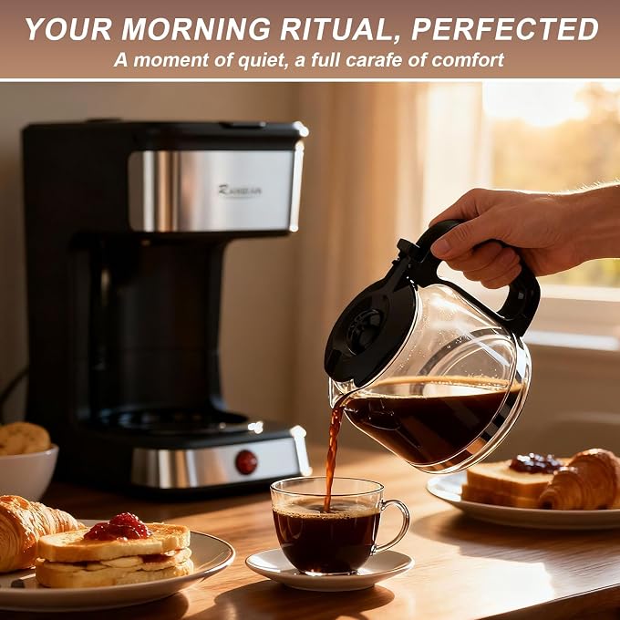 RAINBEAN 12-Cup Drip Coffee Maker,Home/Office Coffee Brewing Machine with Removable Filter,Glass Carafe and Heated Base,Black & Stainless Steel - Image 2