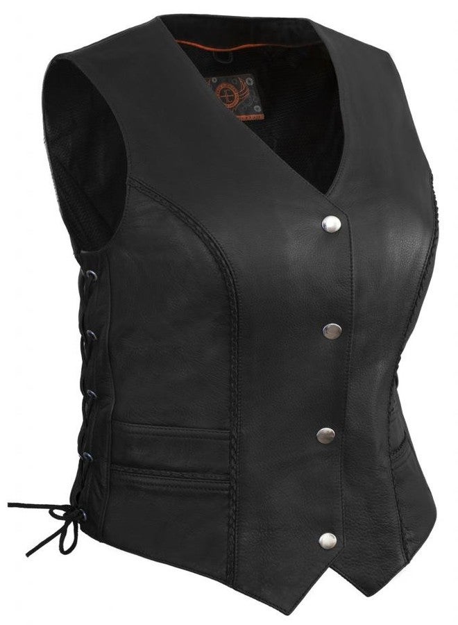 True Element Womens Braided Motorcycle Leather Vest With Side Laces (Black, Size L) - Image 1