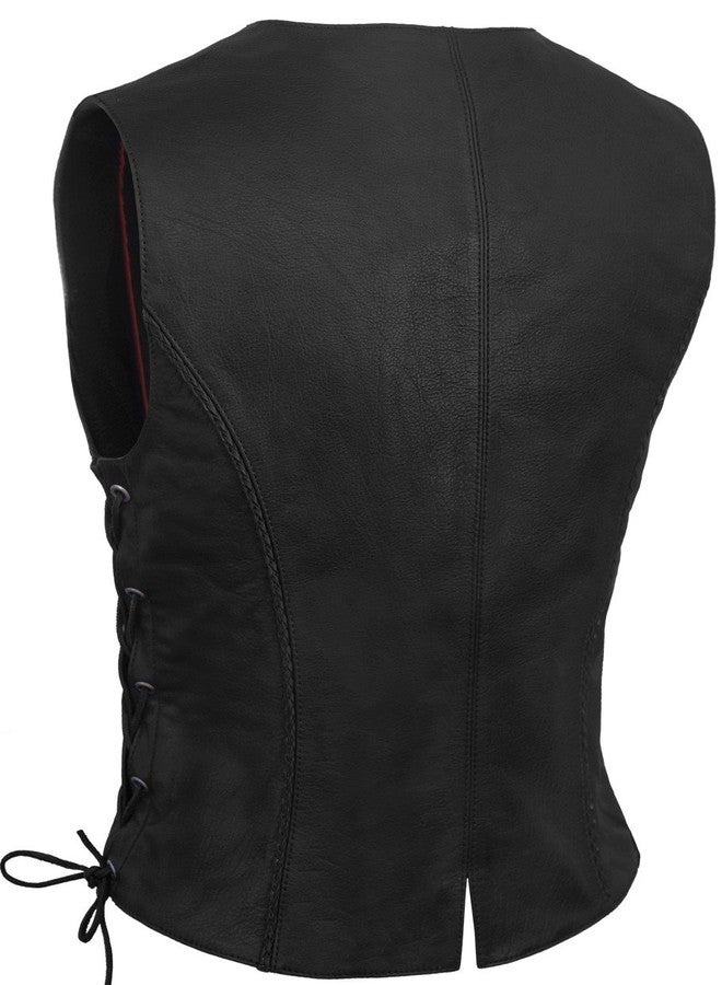 True Element Womens Braided Motorcycle Leather Vest With Side Laces (Black, Size L) - Image 2